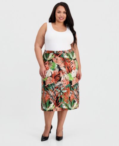 Kasper Plus Size Printed Pull-On Flare Midi Skirt