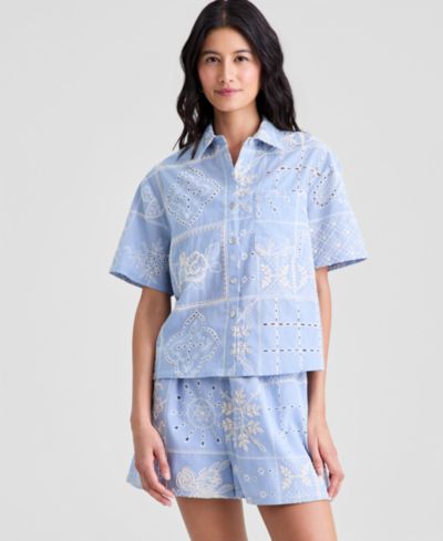 And Now This Women's Cotton Patchwork-Embroidered Camp Shirt, Macy's Exclusive
