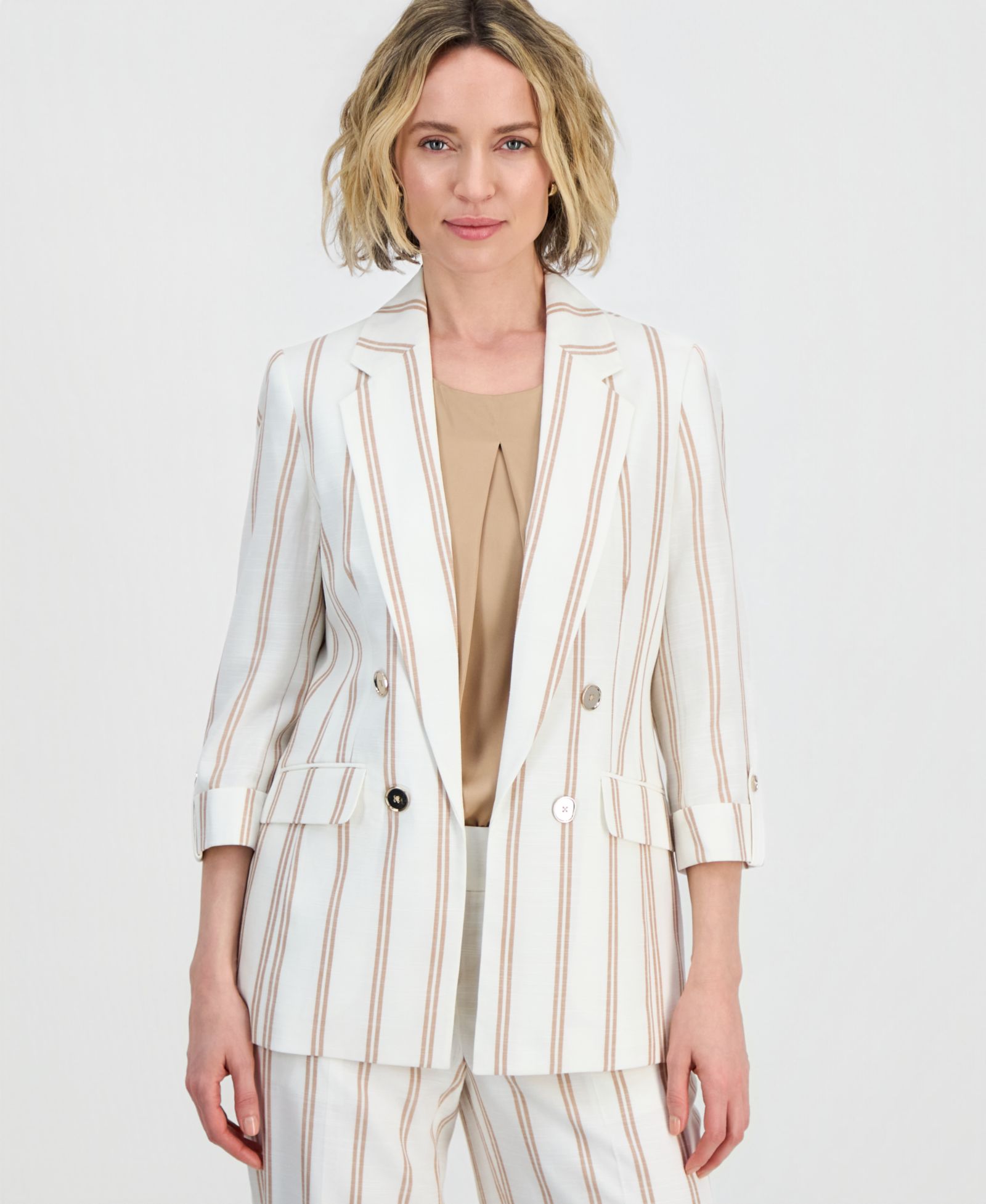 Kasper Women's Striped Linen Blend 3/4-Sleeve Double-Breasted Blazer, Regular & Petite
