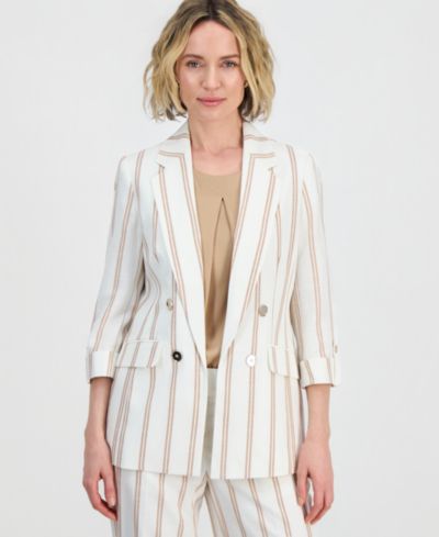 Женский двубортный блейзер Kasper Striped Linen Blend 3/4-Sleeve, Regular & Petite