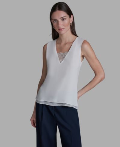 BCBG Women's V-Neck Lace Detail Pull-On Top