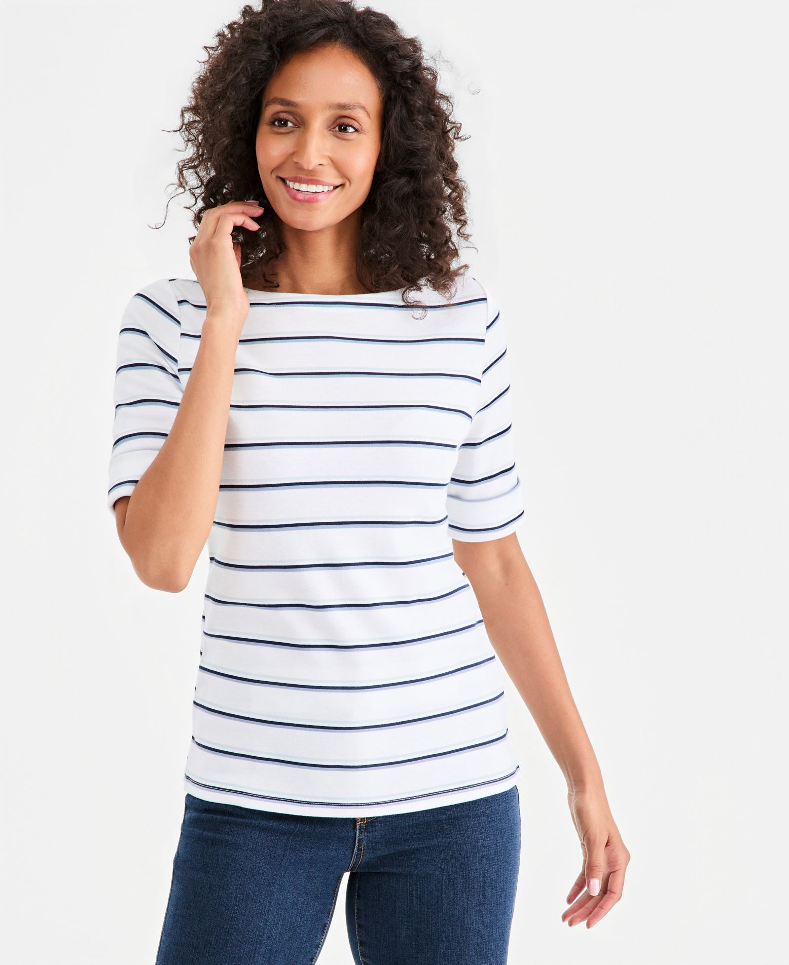 Топ Style & Co Petite Multi-Stripe Boat-Neck Elbow-Sleeve
