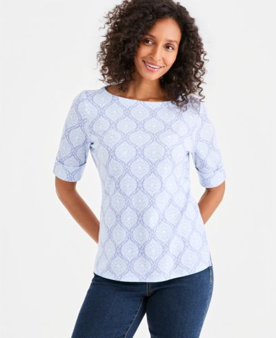 Женский топ Style & Co Petite Printed Boat-Neck Elbow-Sleeve