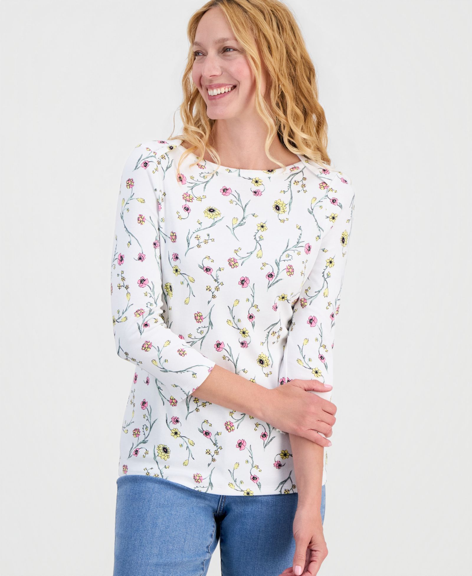 Style & Co petite Printed Pima Cotton 3/4 Sleeve Boat-Neck Top, Macy's Exclusive
