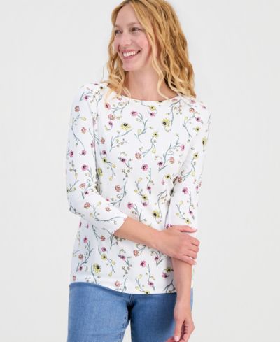 Женский топ Petite из хлопка Pima Style & Co Printed 3/4 Sleeve Boat-Neck