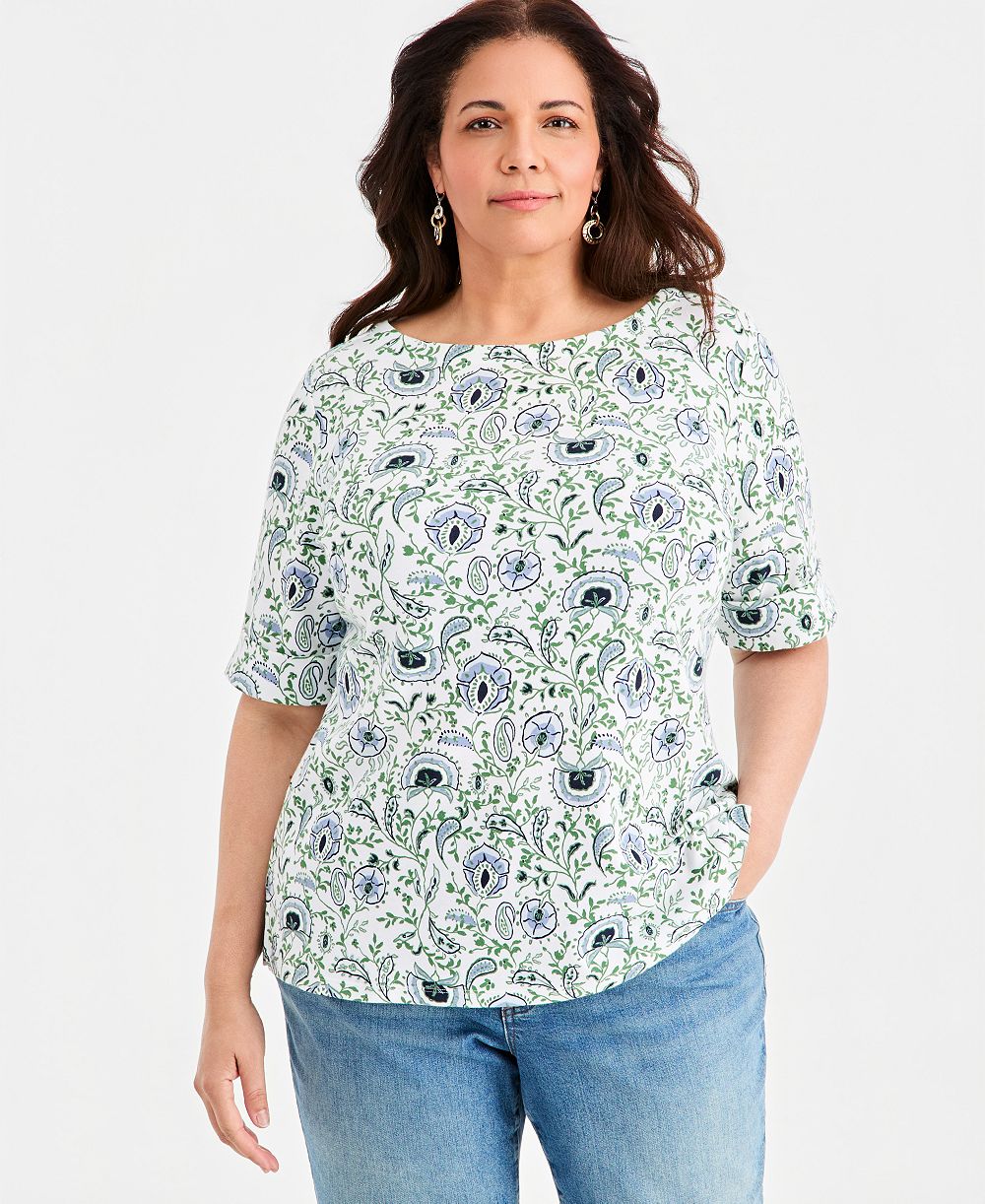 Женский топ Style & Co Plus Size Printed Boat-Neck Elbow-Sleeve