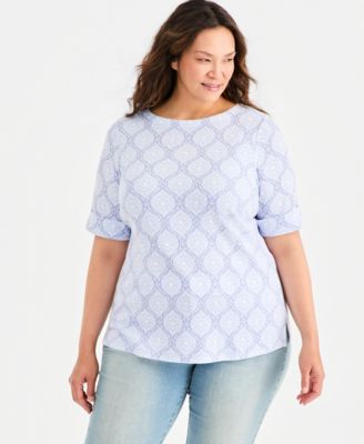 Style & Co Plus Size Printed Boat-Neck Elbow-Sleeve Top, Macy's Exclusive