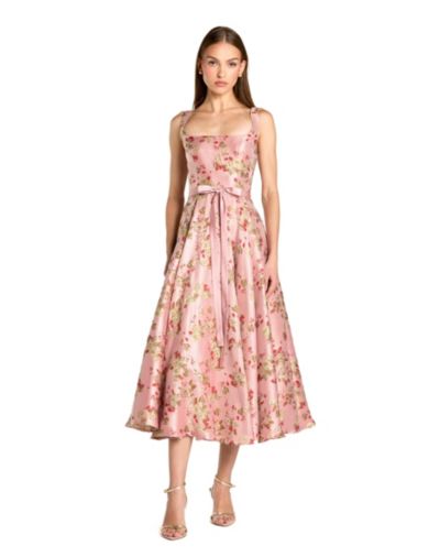 Mac Duggal Petite Pink Floral Brocade Square-Neck Midi Dress