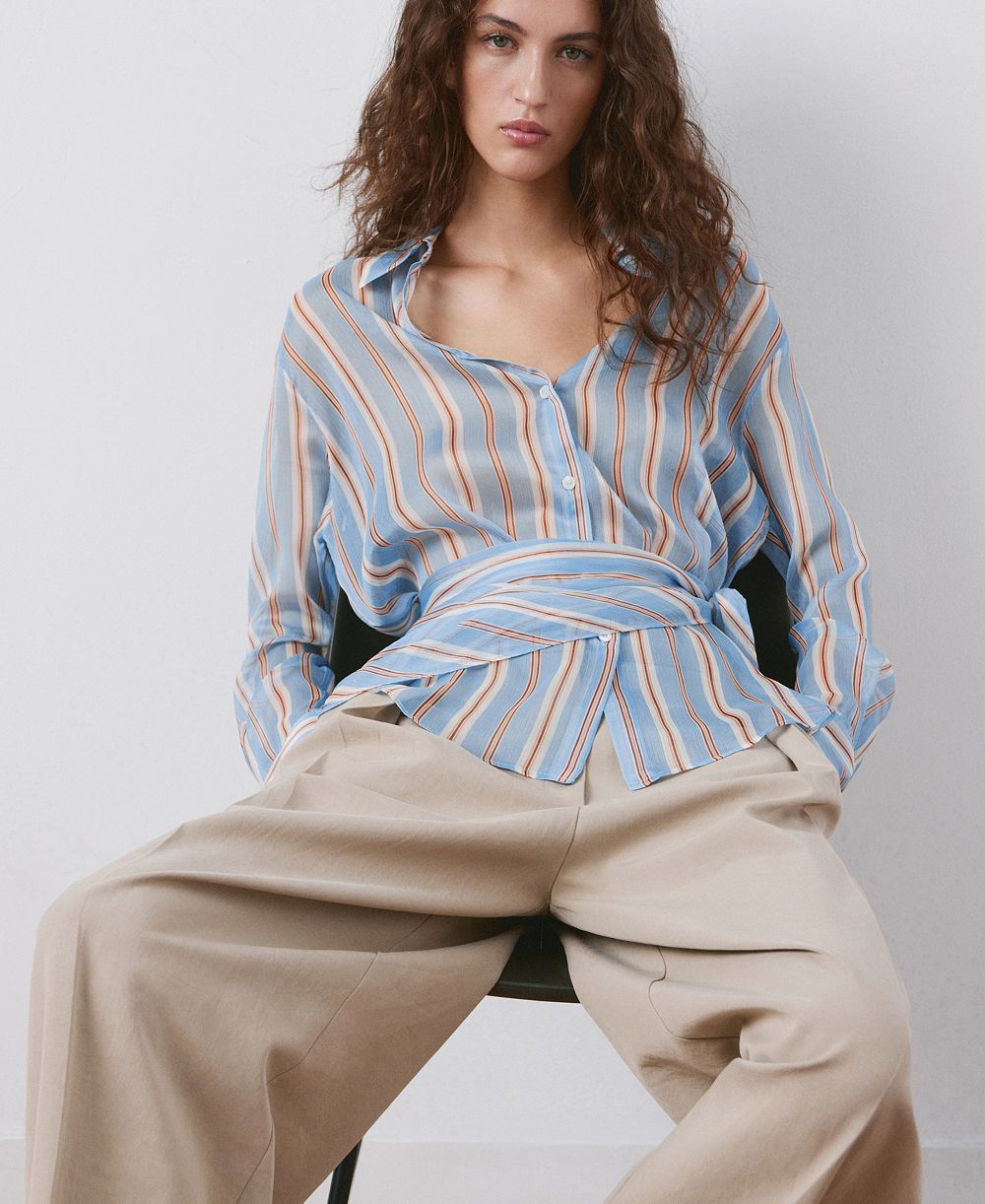 Mango Women's Scarf Detail Striped Shirt