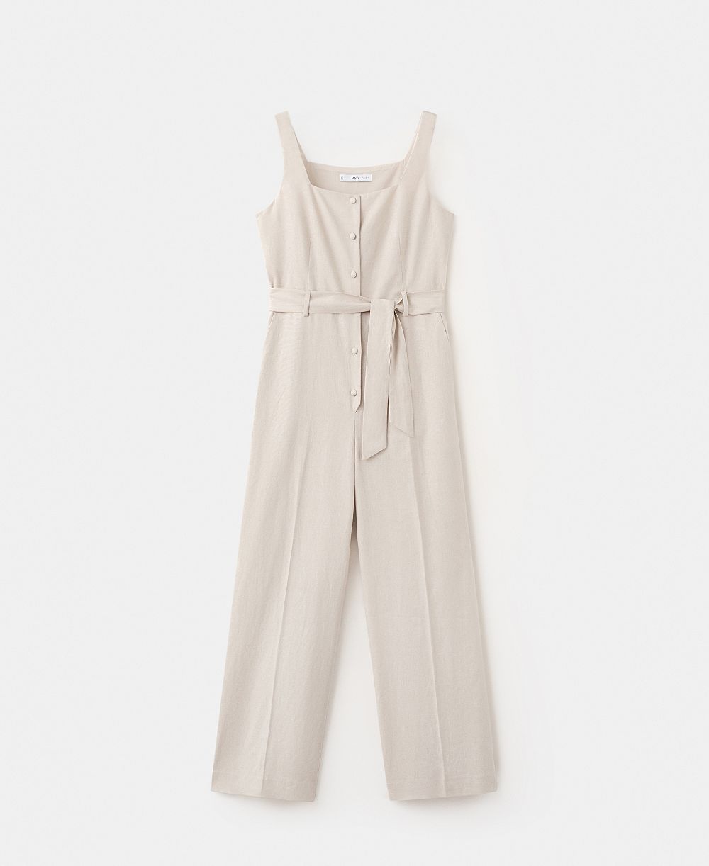 Mango Women's Belt Cropped Linen Jumpsuit