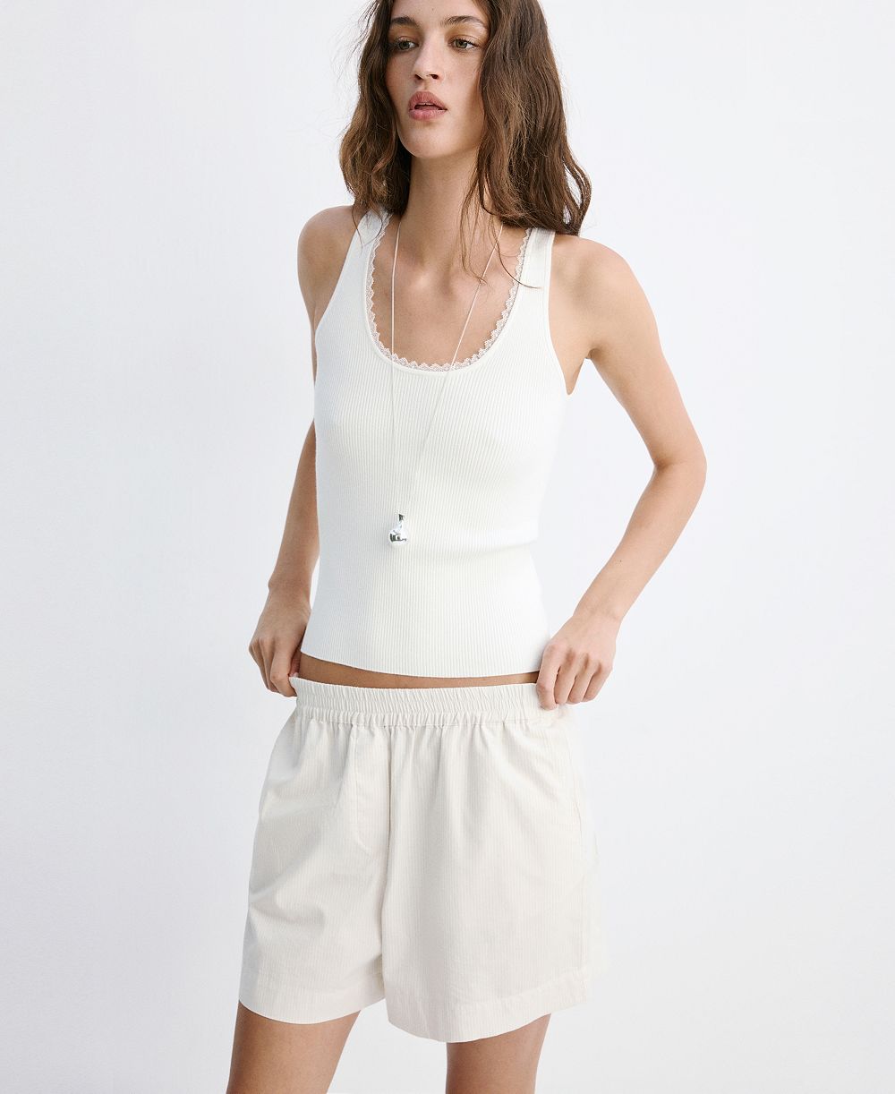 Mango Women's Lace Detail Ribbed Top