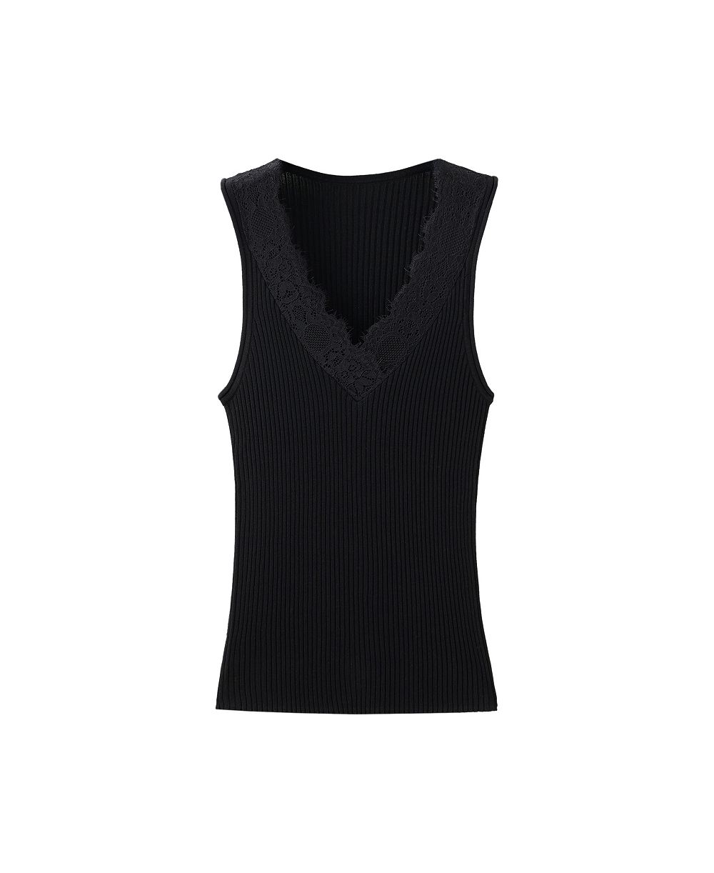 MANGO Women's Ribbed Lace Tank Top