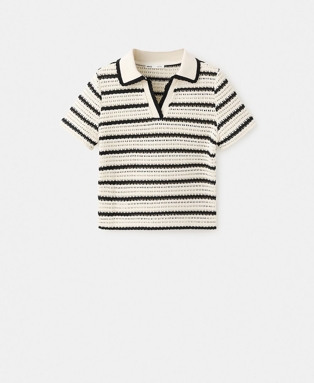 Mango Women's Striped Crocheted Polo Top