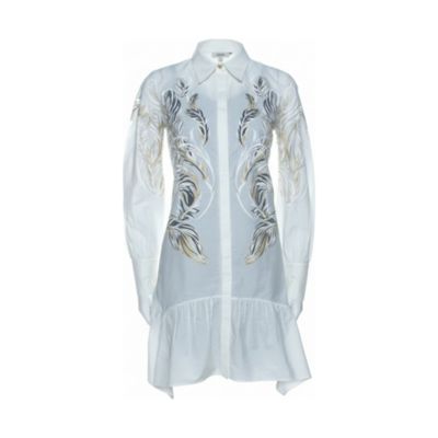 Pre-Owned Roberto Cavalli Women's White Brasso Feather Print Cotton Shirt Dress