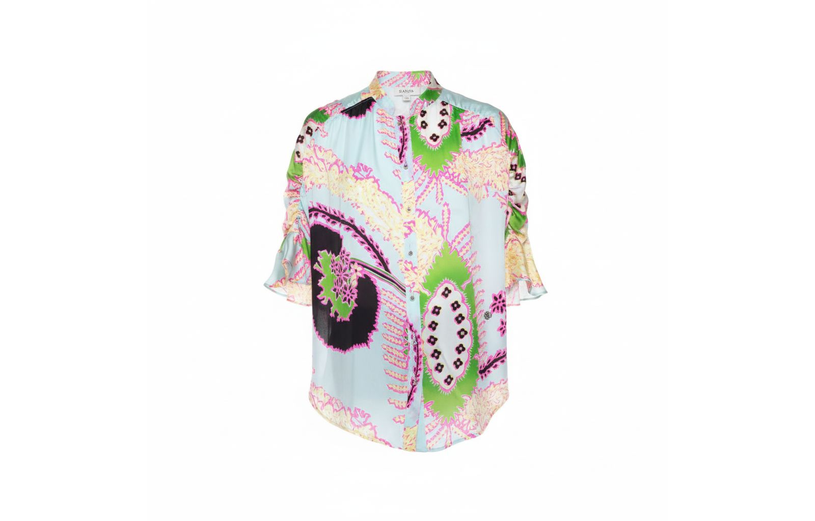 Женская блузка Pre-Owned Roberto Cavalli Multicolor Abstract Printed Silk Ruffle Sleeve