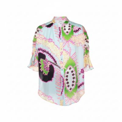 Женская блузка Pre-Owned Roberto Cavalli Multicolor Abstract Printed Silk Ruffle Sleeve