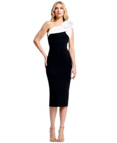 Dress the Population Women's Lennon Ruffle-Neck Bodycon Midi Dress