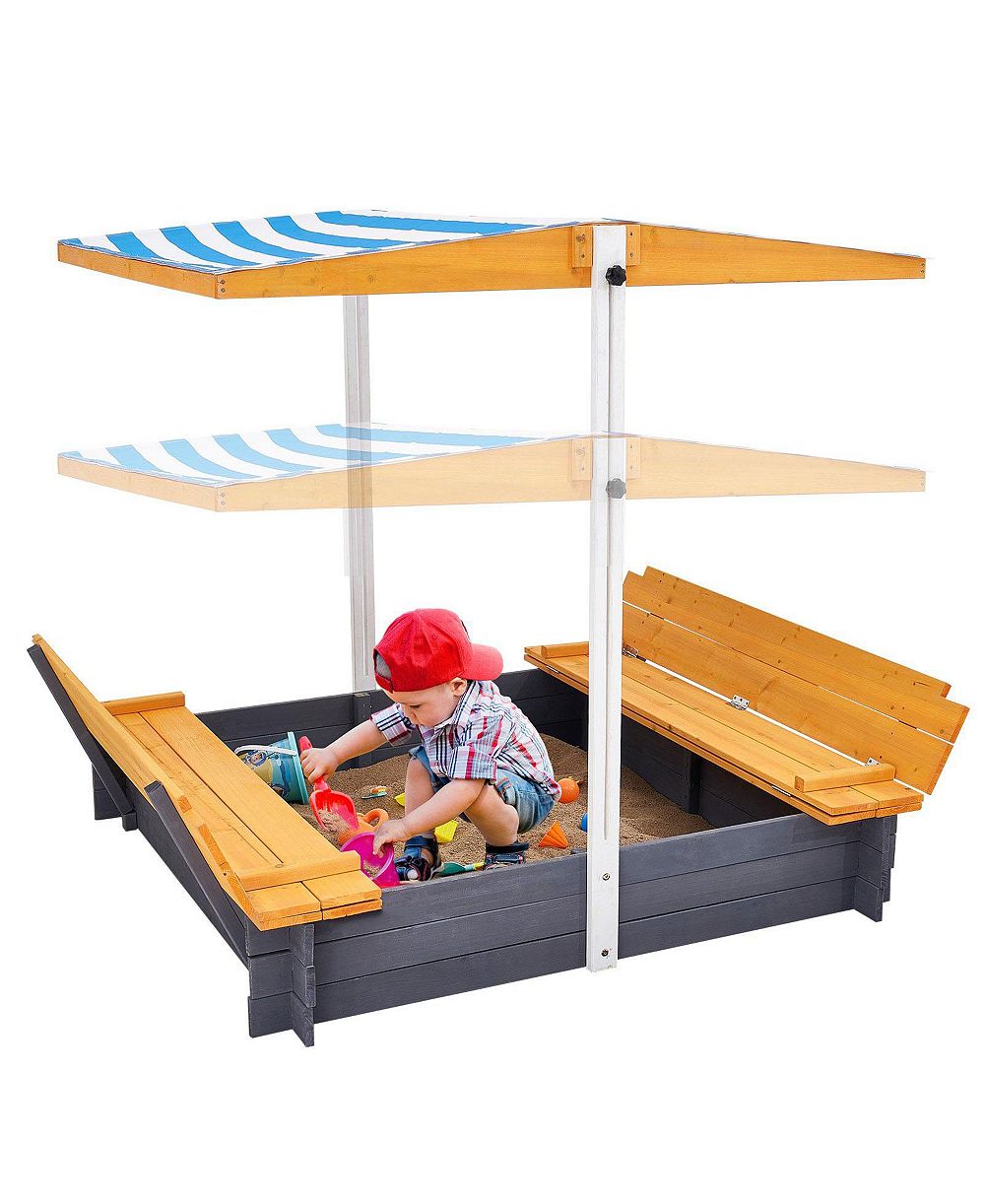 SUGIFT Large Wooden Sandbox with Canopy & Bench Seats