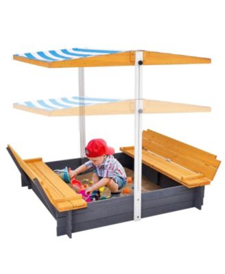 SUGIFT Large Wooden Sandbox with Canopy & Bench Seats