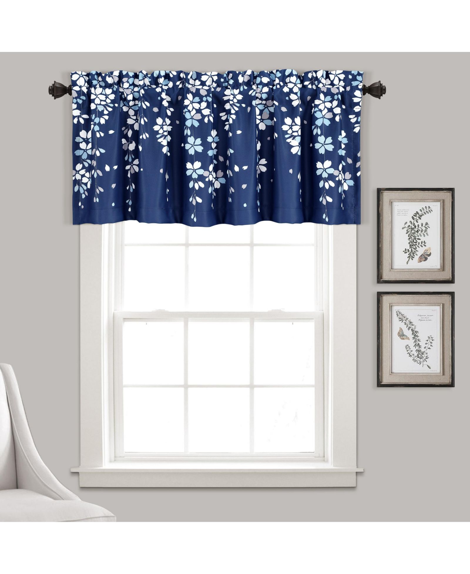 Lush Decor Weeping Flower Room Darkening Valance Curtain Header Navy, цветочные занавески для кухни