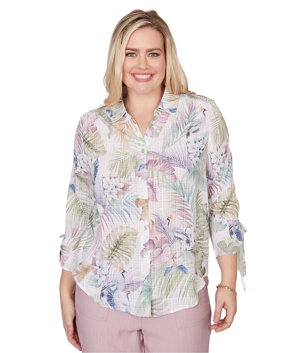 Топ Alfred Dunner Petite Vintage-Inspired Charm Tropical Button-Front Tie-Sleeve