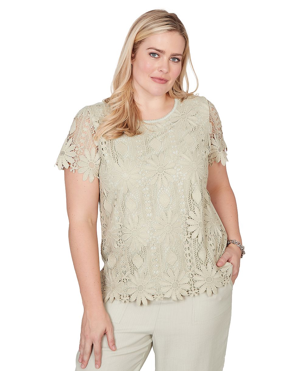 Alfred Dunner Женский короткий топ с кружевом и V-образным вырезом, стиль Petite Vintage Charm