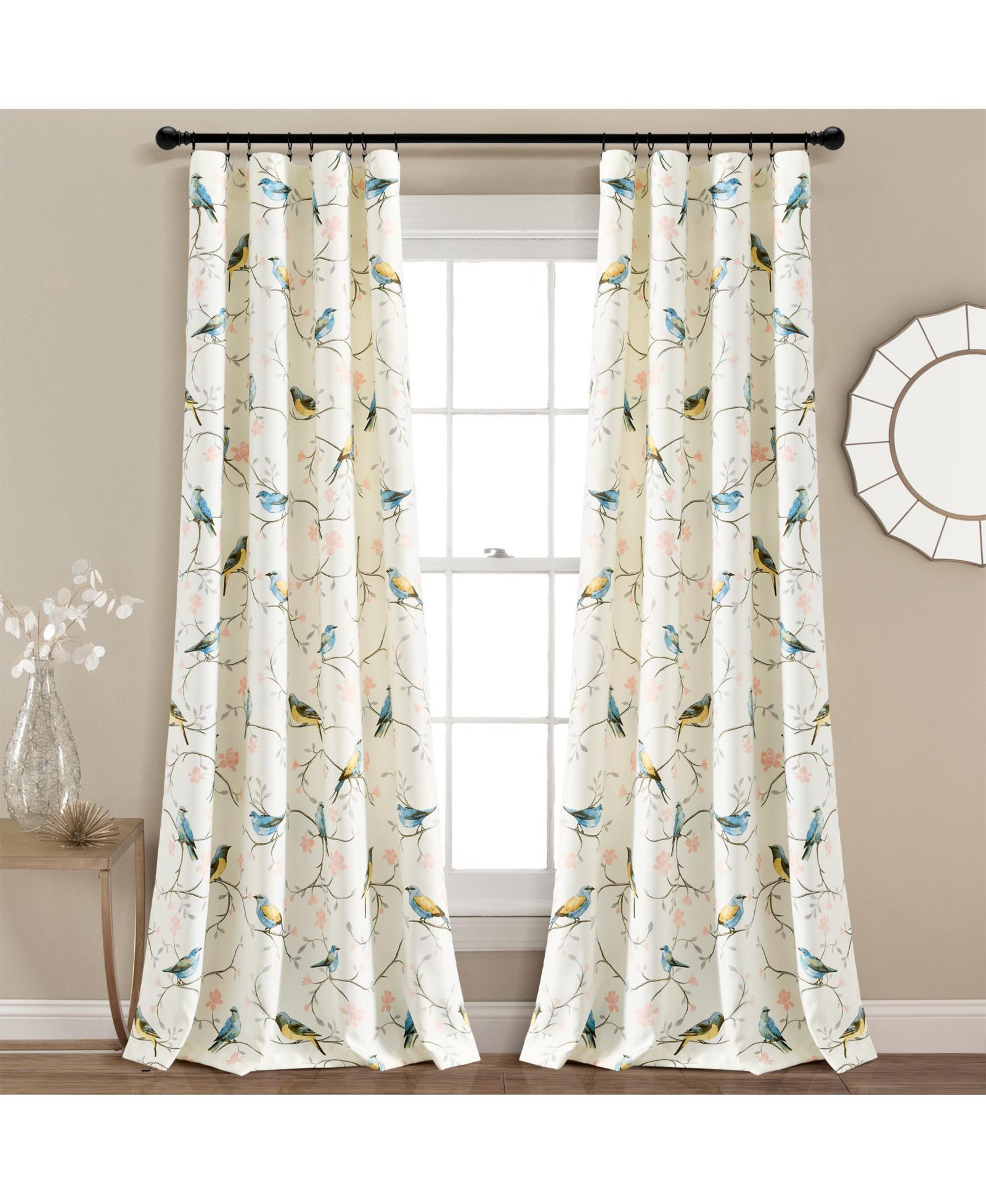Lush Decor Botanical Bird and Flower Light Filtering Window Curtain Panels Pair - Bird Curtains for Bedroom - Living Room Curtains