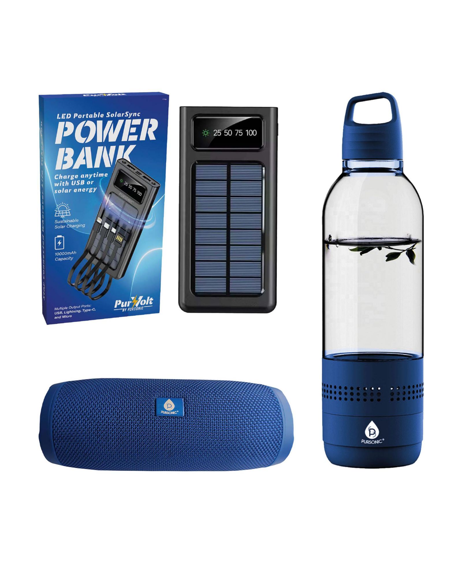 Набор Pursonic Outdoor Essentials – 2-в-1 Bluetooth бутылка для воды, беспроводная колонка Peak и портативный Power Bank LED Solarsync