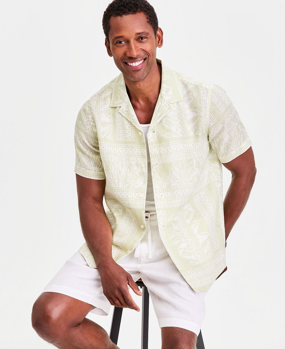 Club Room Мужской Tropical Row Camp Collar Linen Short Sleeve Shirt