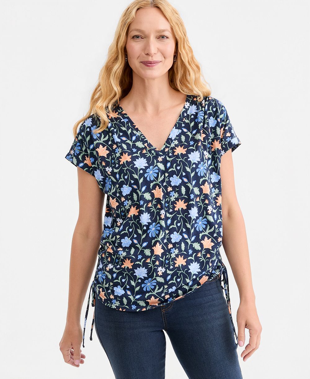 Футболка Style & Co Petite Ruched Tie-Side Floral