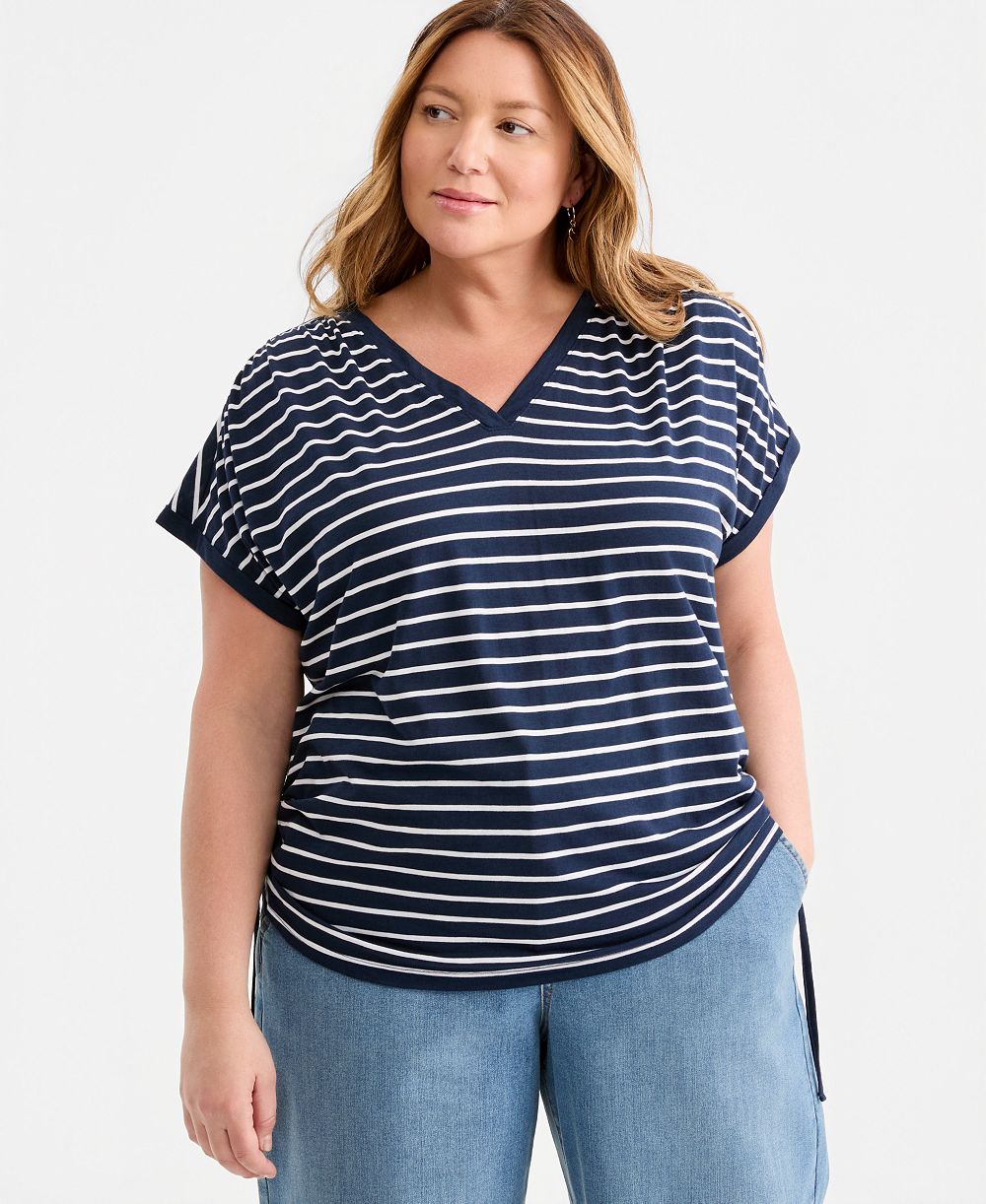 Топ Style & Co Plus Size Striped Ruched-Tie V-Neck