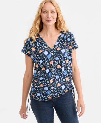 Женский топ Style & Co Printed Ruched Tie-Hem V-Neck