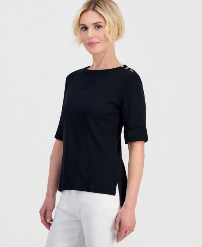 Style & Co Petite Pima Cotton Boat-Neck Elbow Sleeve Top, Macy's Exclusive