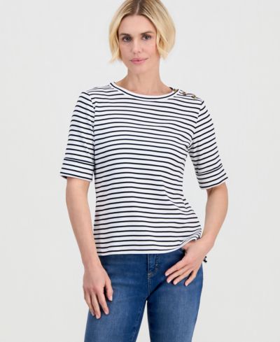 Style & Co Petite Pima Cotton Boat-Neck Elbow Sleeve Top, Macy's Exclusive