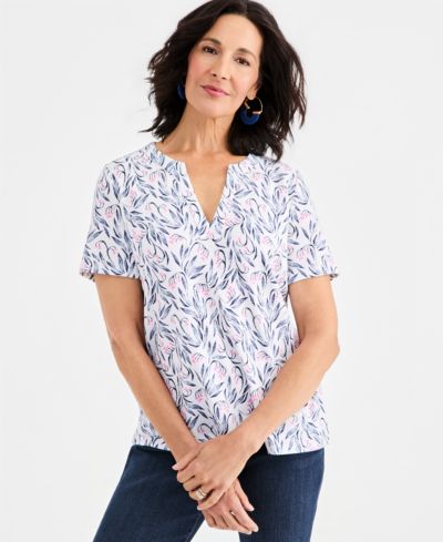 Style & Co Women's Printed Short-Sleeve Split-Neck Top, Macy's Exclusive