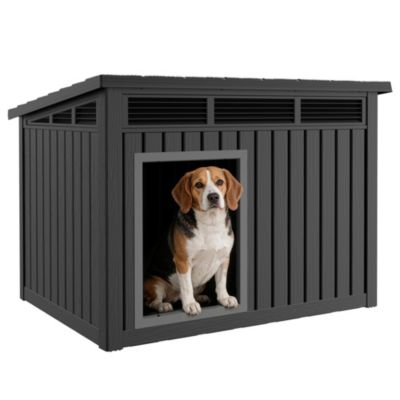 Decksplore 259 inclined top air pole kennel gray and black Spacious All Season Dog Cage with Elevated Base and Weatherproof Construction