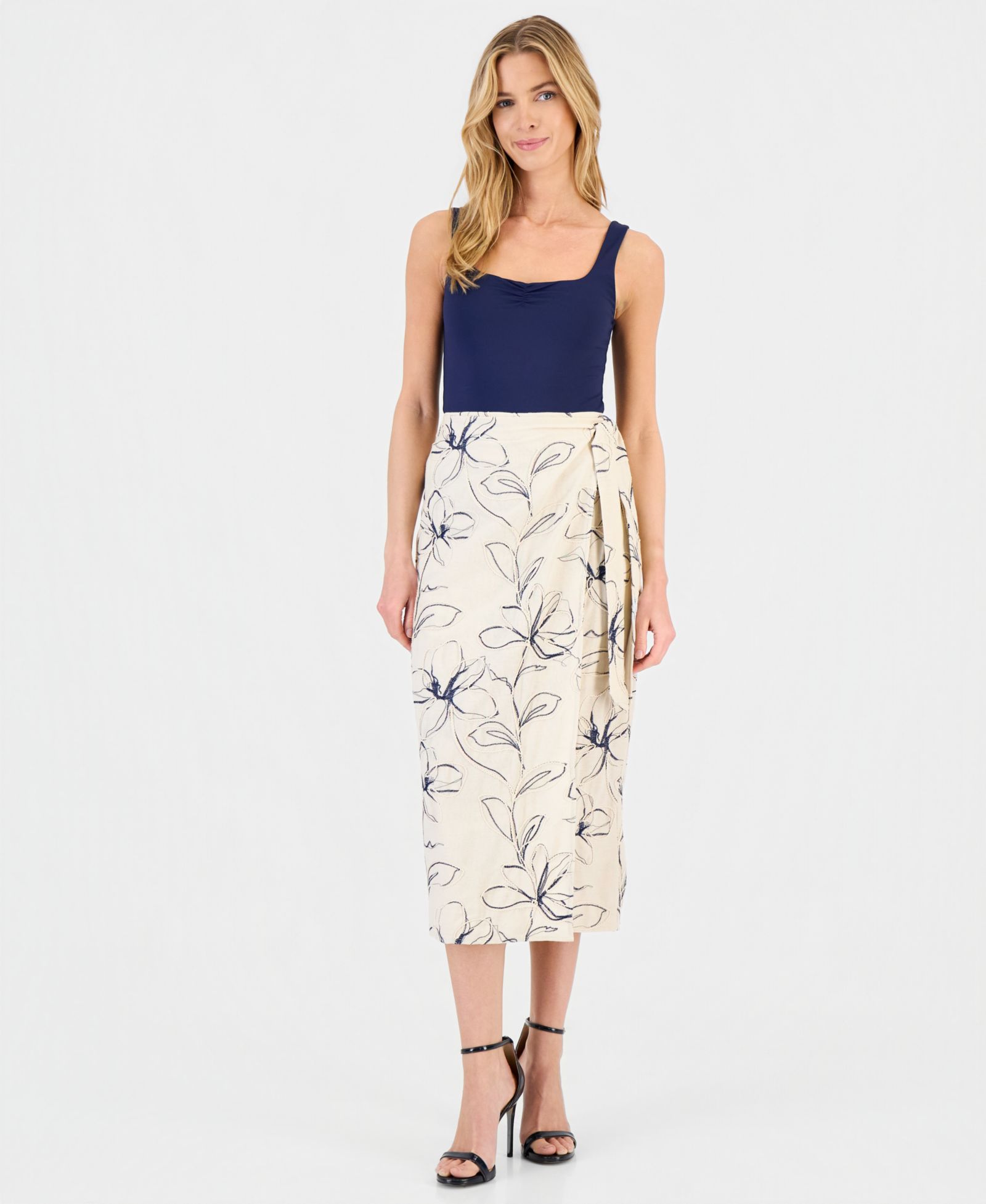 Anne Klein Women's Linen-Blend Embroidered Faux-Wrap Midi Skirt