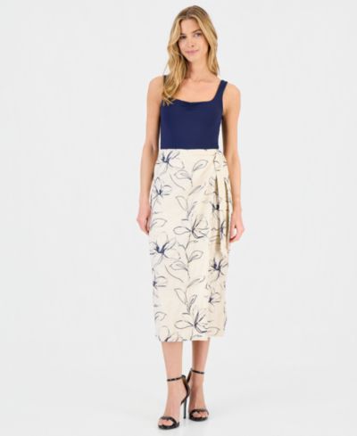 Anne Klein Women's Linen-Blend Embroidered Faux-Wrap Midi Skirt