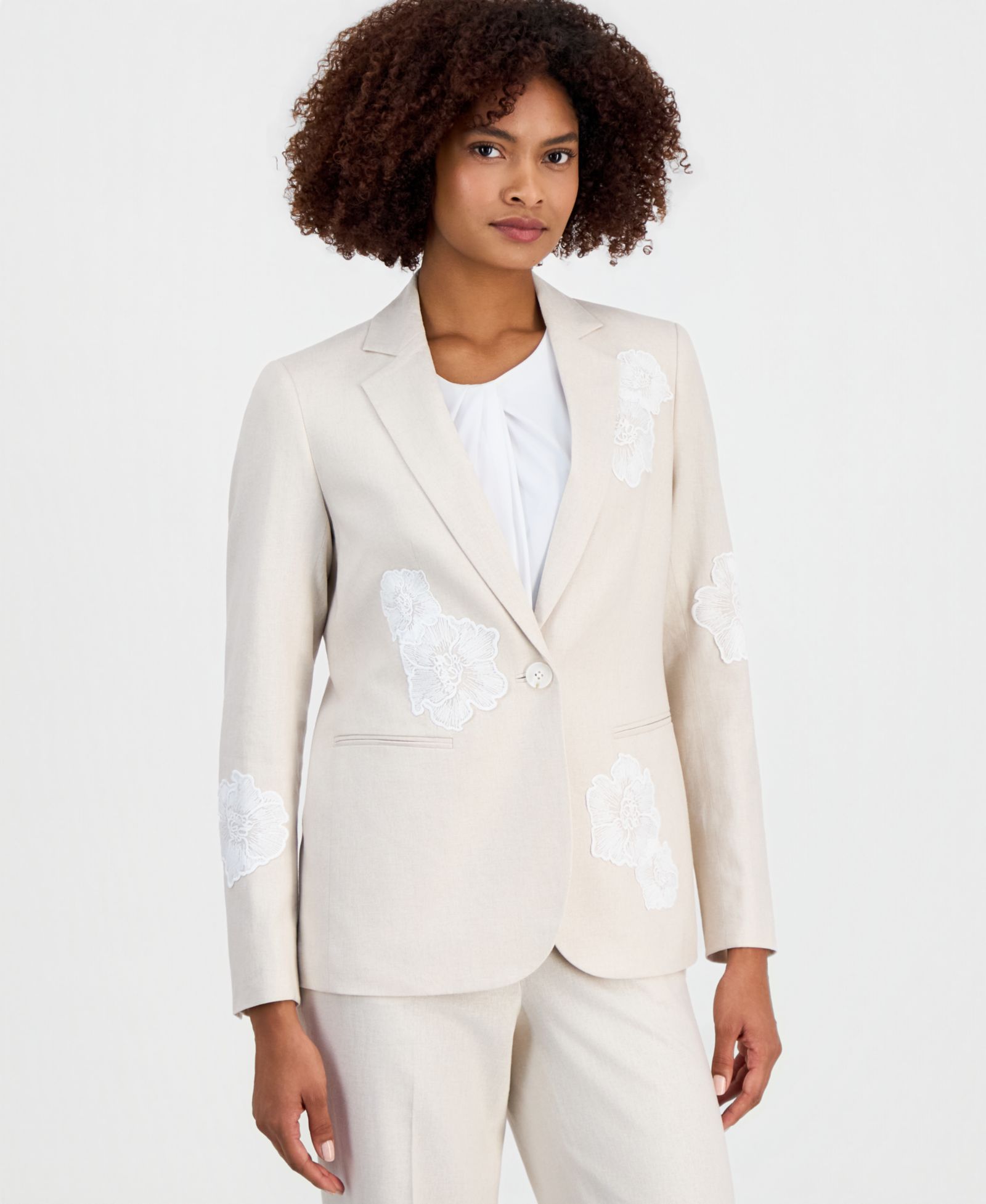 Anne Klein Women's Linen-Blend One-Button Embroidered Blazer