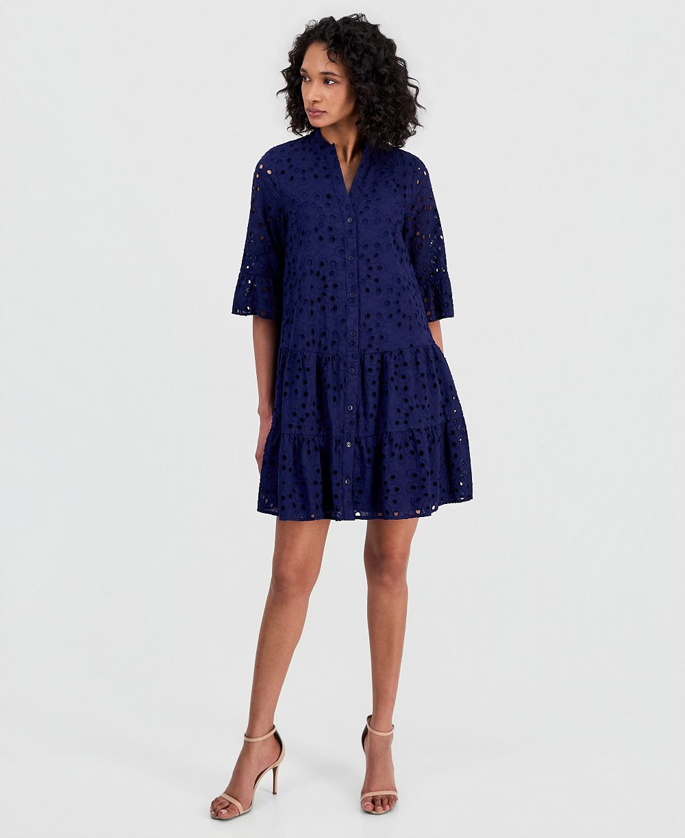 Женское платье Anne Klein Eyelet Embroidered Cotton Flare-Sleeve Shirtdress