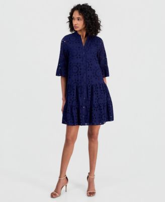 Женское платье Anne Klein Eyelet Embroidered Cotton Flare-Sleeve Shirtdress
