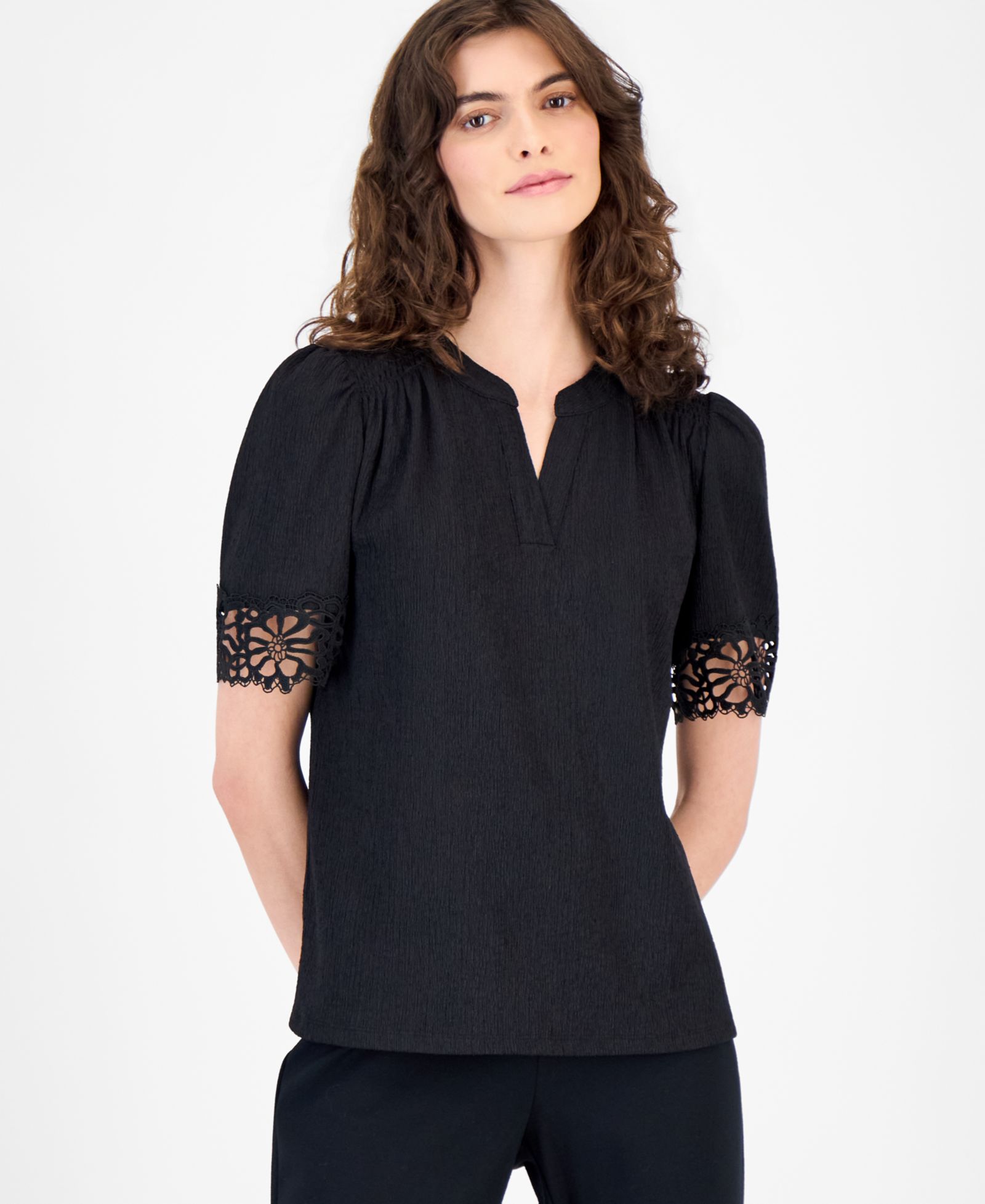 Anne Klein Women's Split-Neck Lace-Trim Top