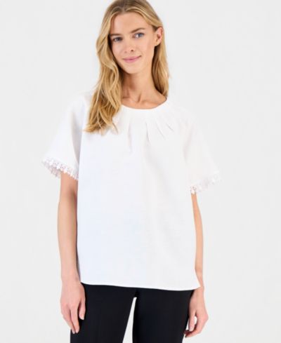 Anne Klein Women's Linen-Blend Pleated-Neck Lace-Cuff Top