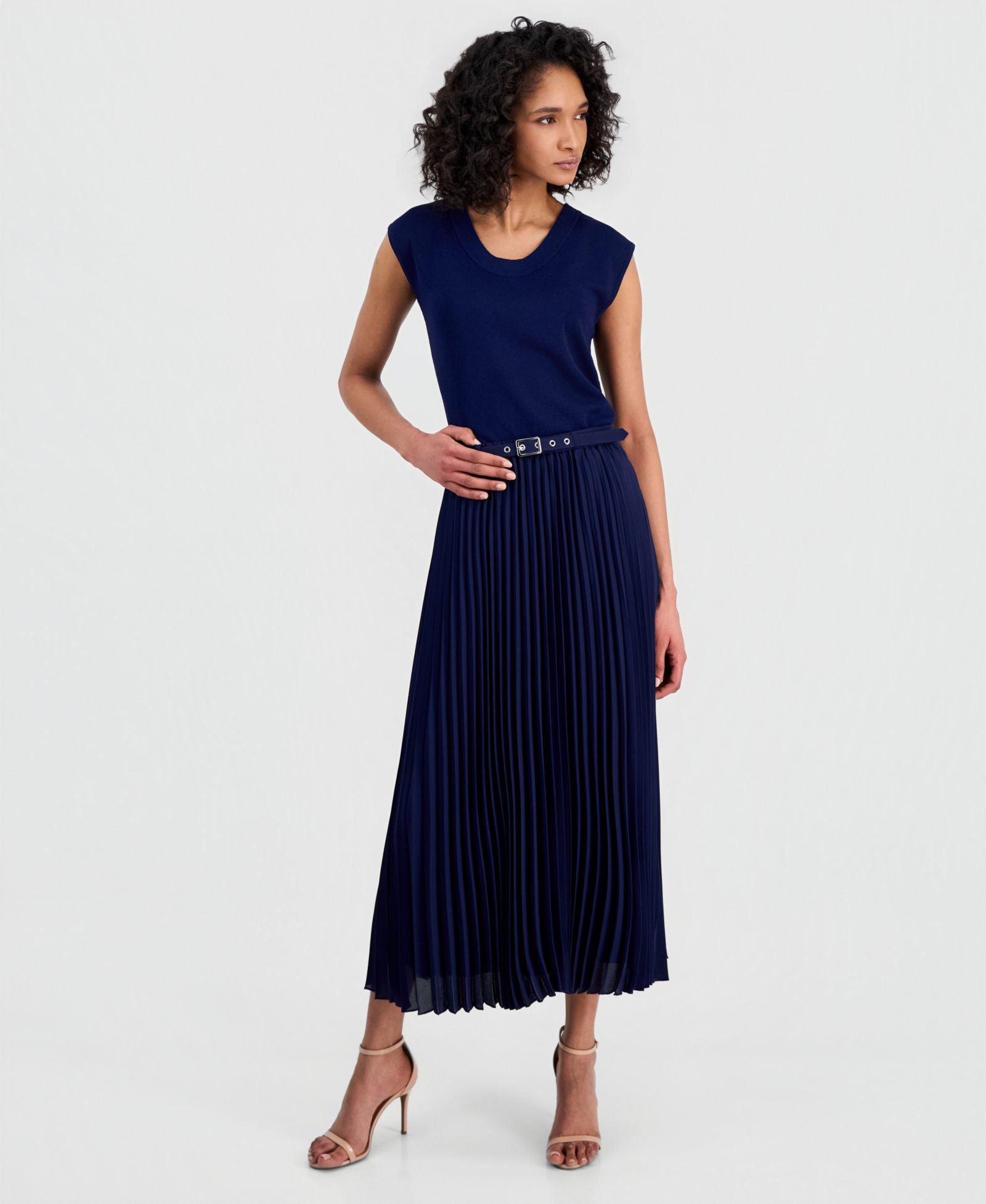 Anne Klein Women's Belted Pull-On Pleated Midi Skirt