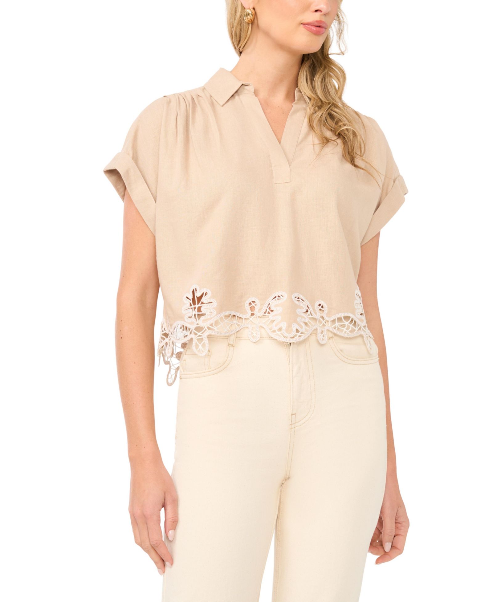 1.STATE Women's Collared V-Neck Short-Sleeve Blouse