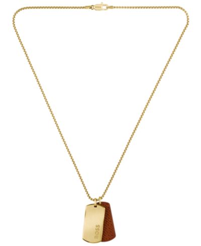 Hugo Boss Men Devon Ionic Plated Thin Gold Steel Brown Leather Necklace