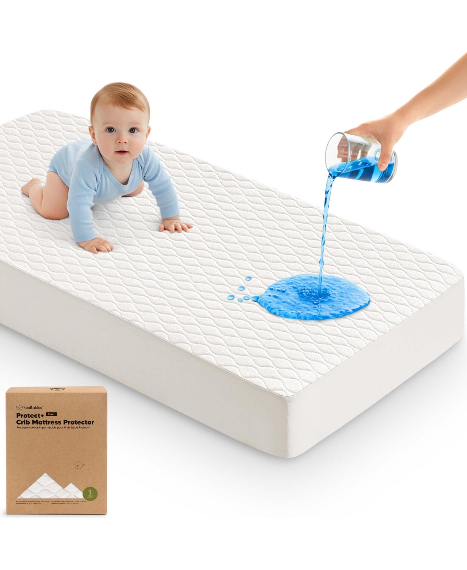 KeaBabies 1-Pack Protect+ Waterproof Crib Mattress Protector Cover, Mavy Quilted Cotton Baby Mattress Topper, Toddler Crib Sheet