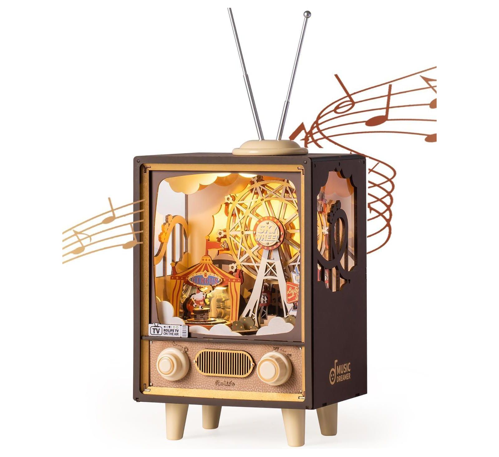 ROBOTIME 3D Wooden Puzzles for Adults DIY Book Nook Kit 16" Ferris Wheel Music Box Model Building Set с LED