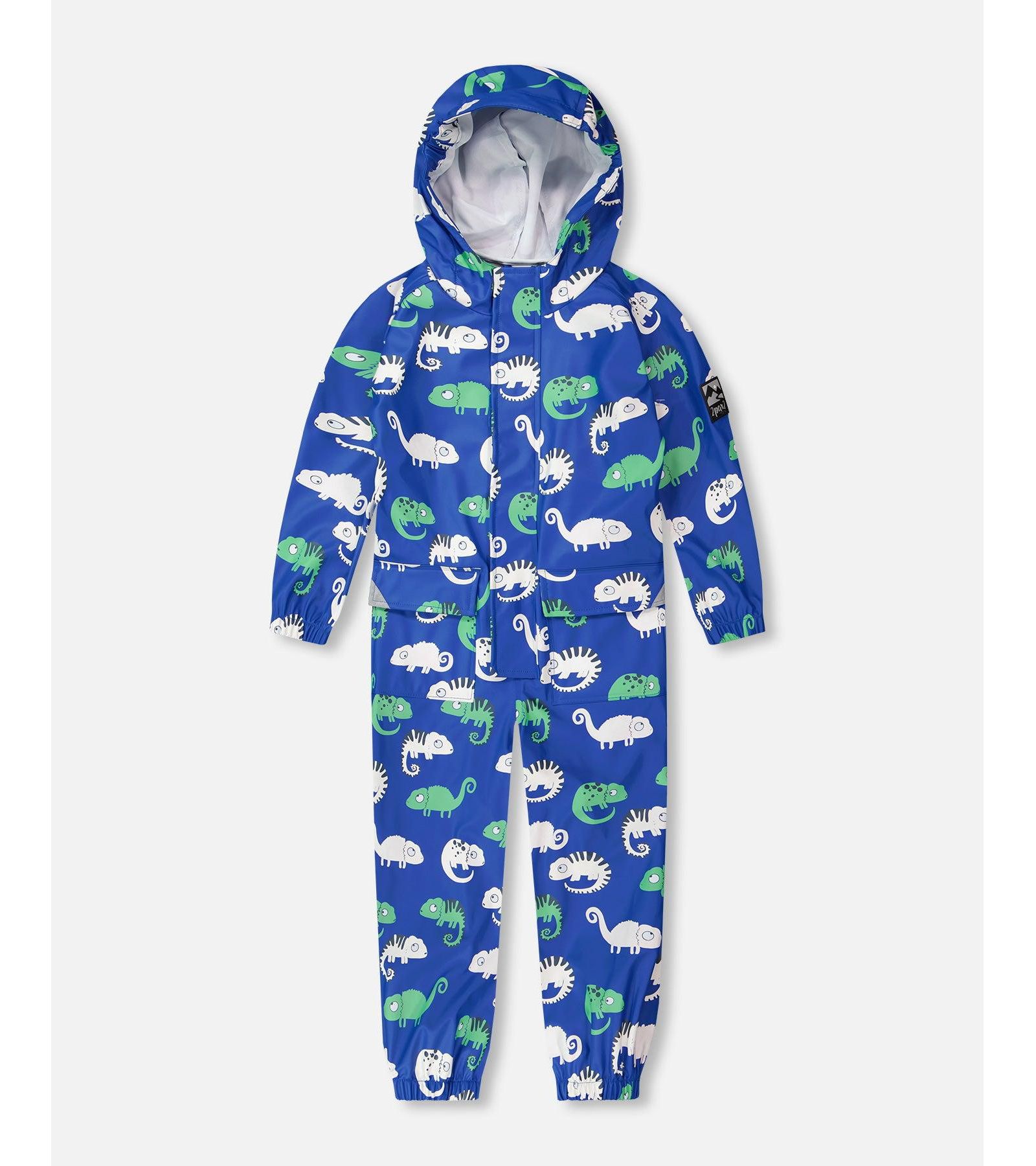 Deux par Deux Toddler Boys Rain One-Piece in Polyurethane Blue Chameleon Print
