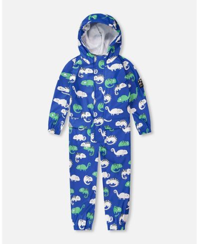 Deux par Deux Toddler Boys Rain One-Piece in Polyurethane Blue Chameleon Print